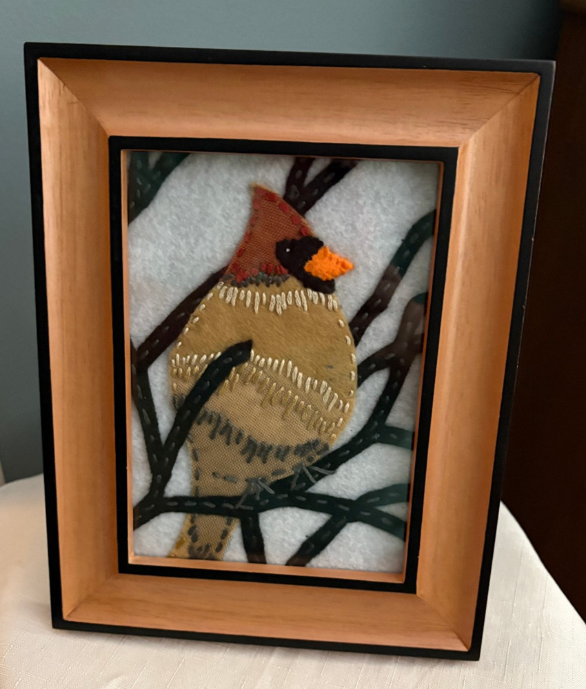 New Handmade Framed Textile Fabric Art - Female Cardinal Bird by Cheryl Randall