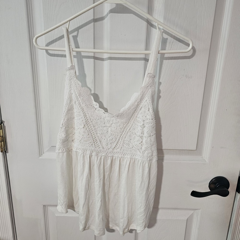 Love on a Hanger White Crochet Tank Top Sz S Babydoll Cotton Linen Blend Boho