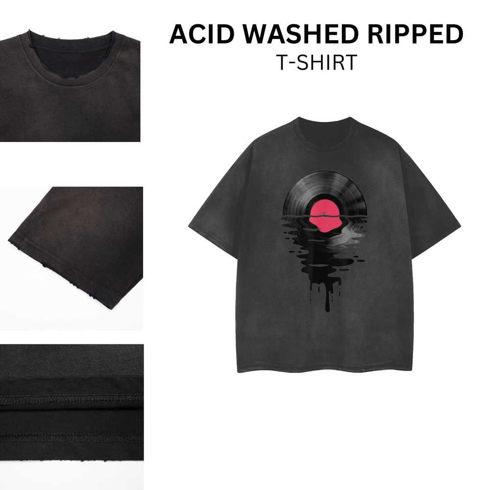 [ACID WASHED RIPPED] Vinyl Record Music LP Classic 80s Sunset T-Shirt 102391