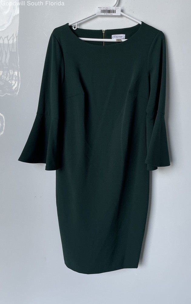Calvin Klein Womens Green 3/4 Bell Sleeve Boat Neck Back Zip Sheath Dress Size 8