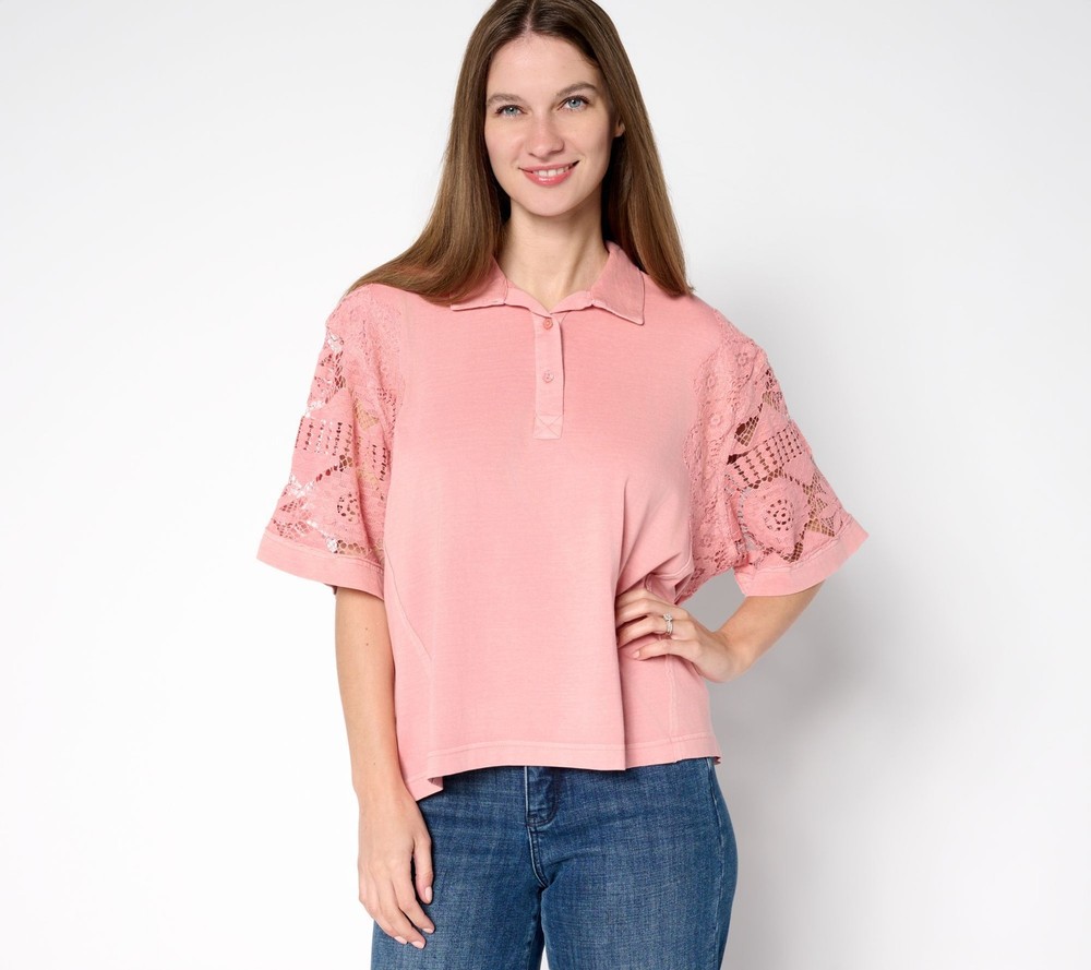 Fashion Women's Top Sz L 100% Cotton Polo Lace Pink A697249