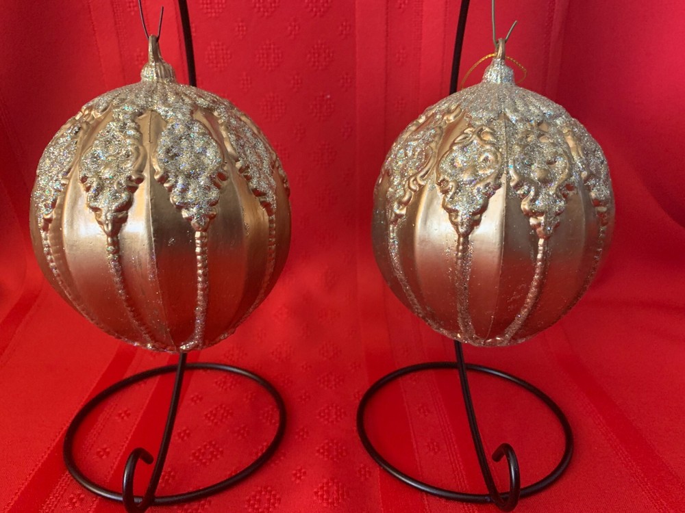 2 Vintage Gold Plastic Christmas Ornaments w/ Multi Colored Glitter