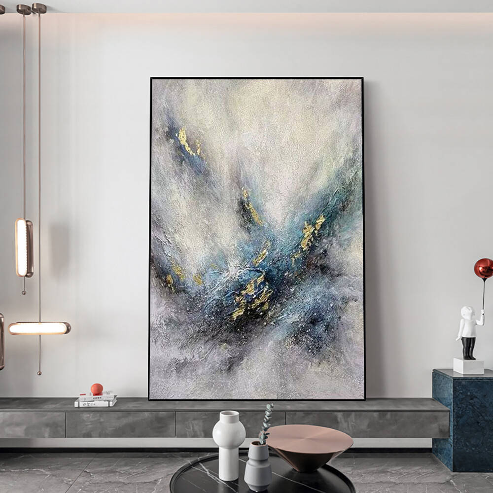 Modern Abstract Golden Blue Oil Painting Nordic Canvas Wall Artwork Handmade