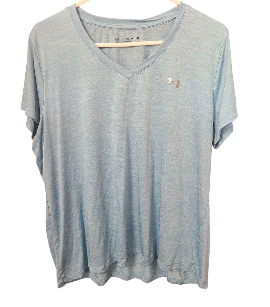 Under Armour Shirt Women's Size 2XL Light Blue V-Neck Athletic Wear Heatgear