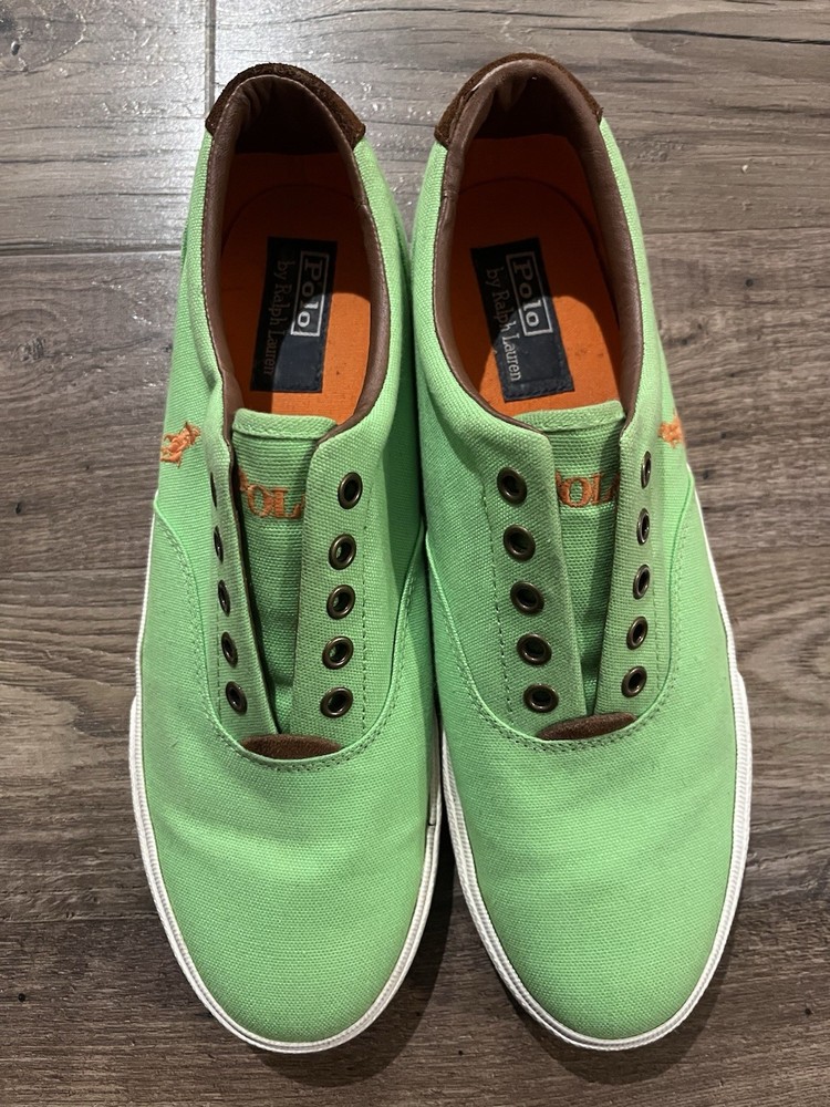 Men’s Polo Ralph Lauren Green And Orange Canvas Laceless Boat Shoes Size 10.5D