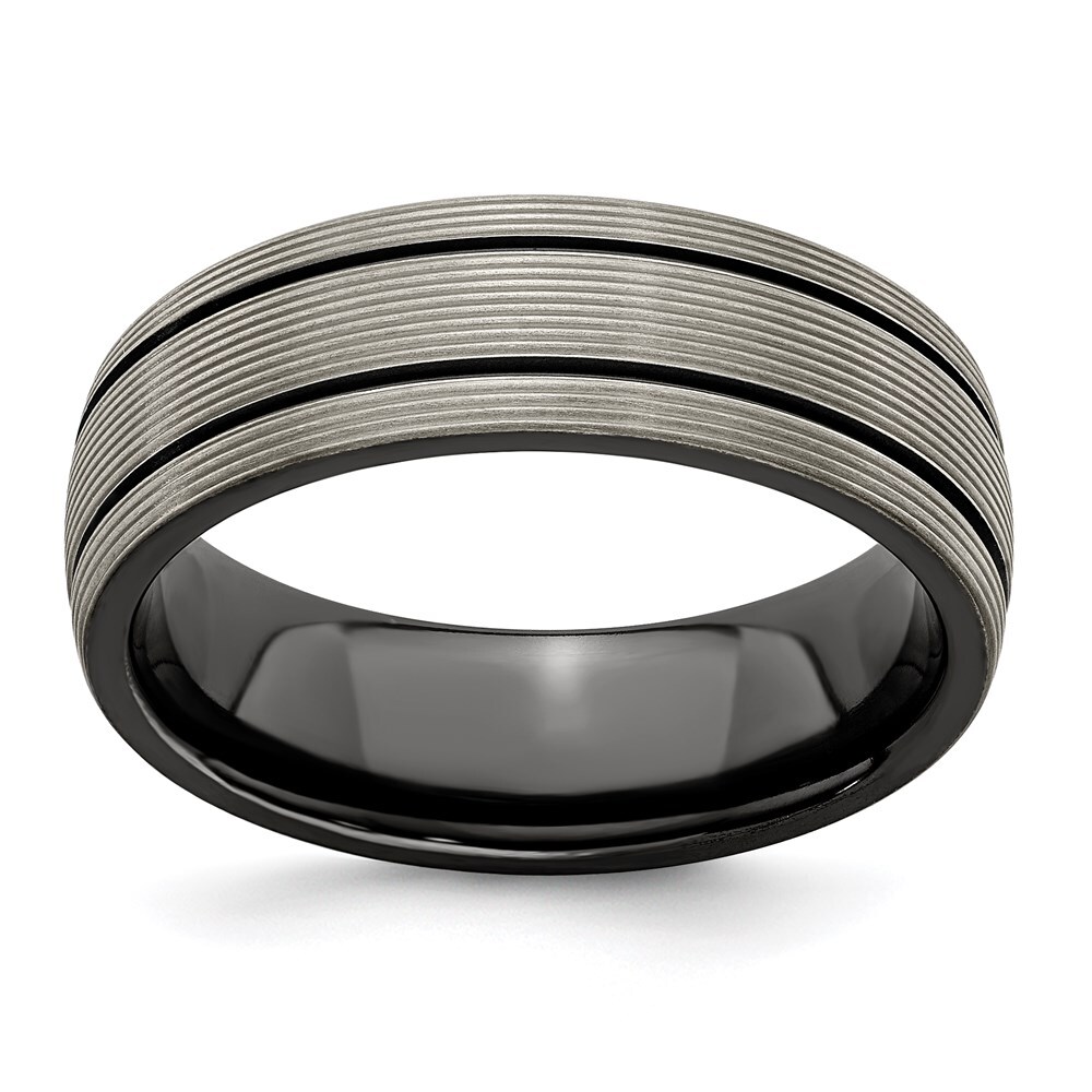Black Titanium Grooves and Textured Lines 7mm Band Ring Size 12