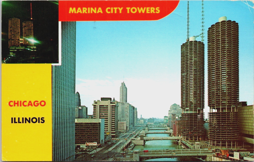 Marina City 60 Story Twin Apartment Towers Chicago Aerial View Postcard c1972