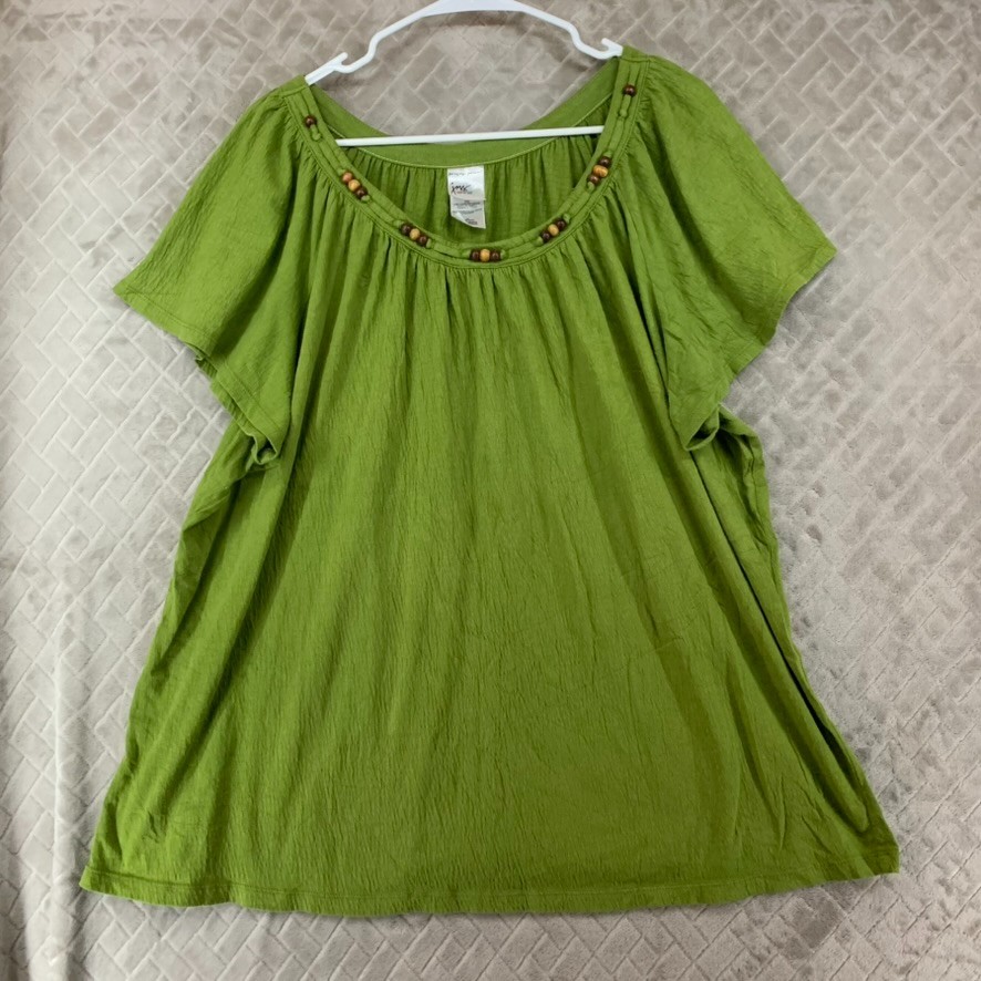 Just My Size Blouse Womens 2x Avocado Green Gauze Short Sleeve Beaded Boho
