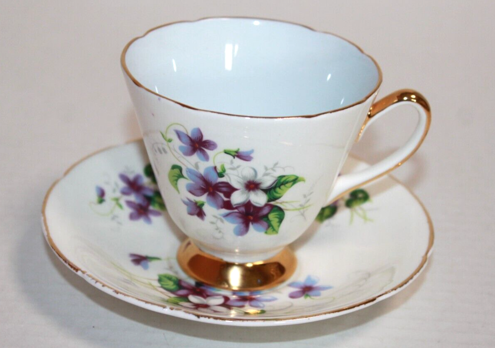 Vintage Royal Bone China Teacup and Saucer with Violet Floral Design
