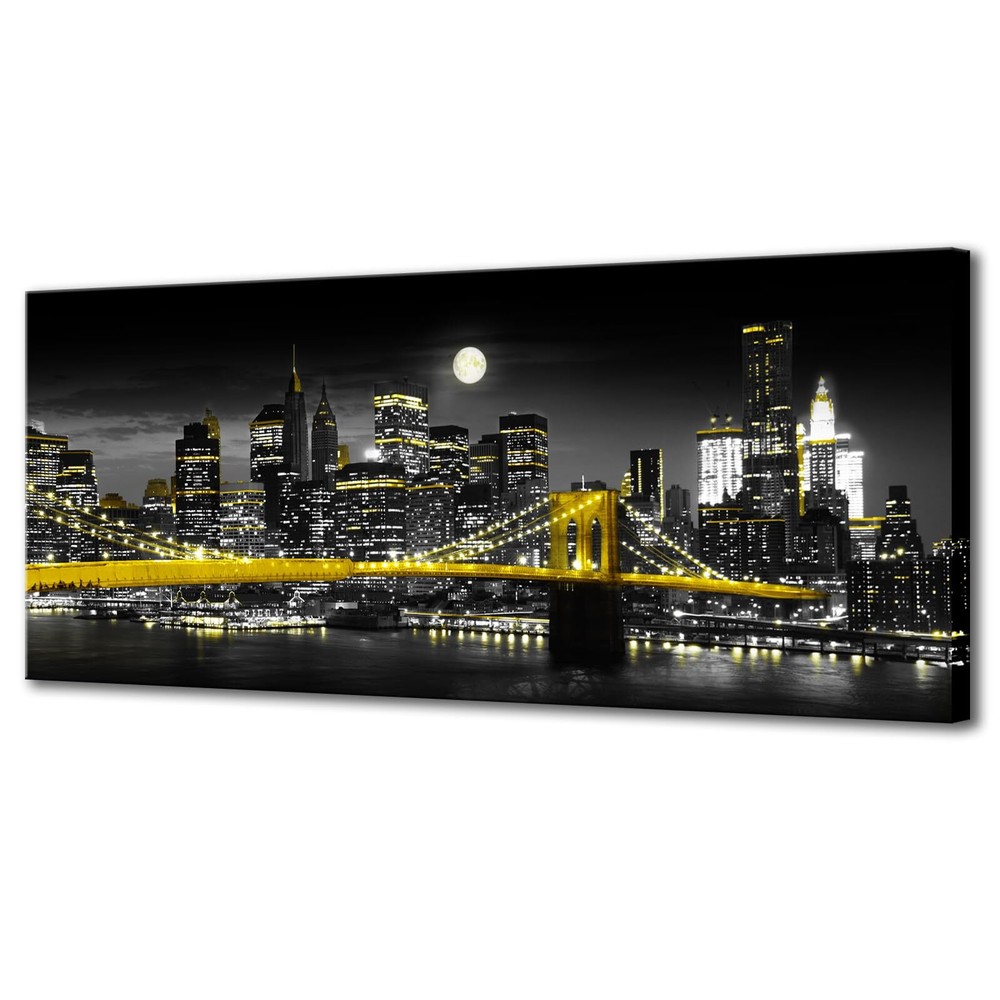 Biuteawal Black and White Yellow Canvas Print New York City Brooklyn Bridge a...