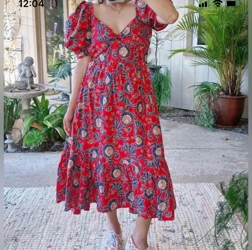House of Harlow 1960 Women's Red Floral Puff Sleeve Tie Knot Midi Dress Size M