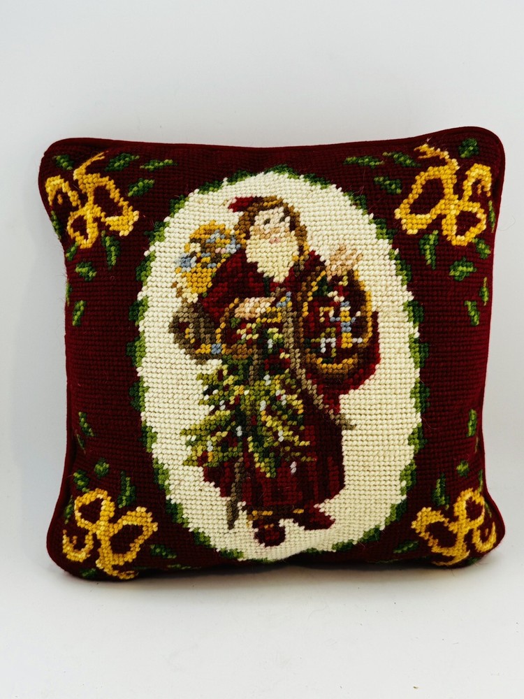 Vintage Needlepoint Christmas Holiday Throw Accent Pillow Velvet Santa 9”-image