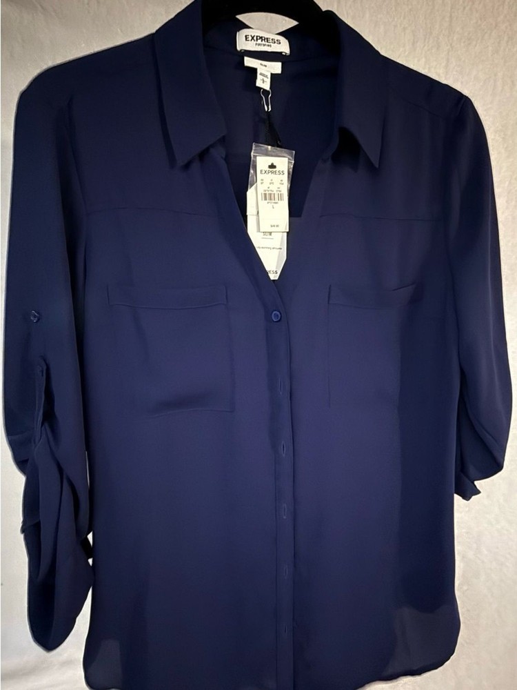 Express Portofino Women's Navy Button-Down Blouse - Size Large NWT