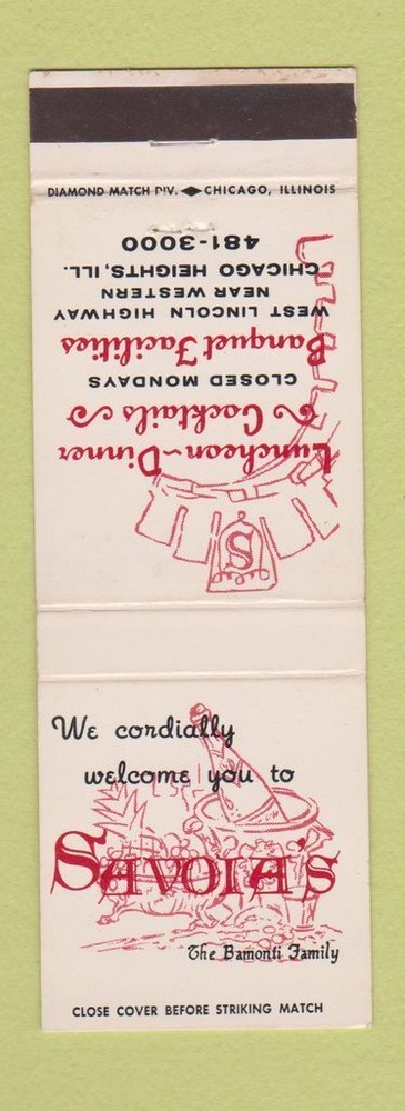 Matchbook Cover - Savoia's Restaurant Chicago Heights IL