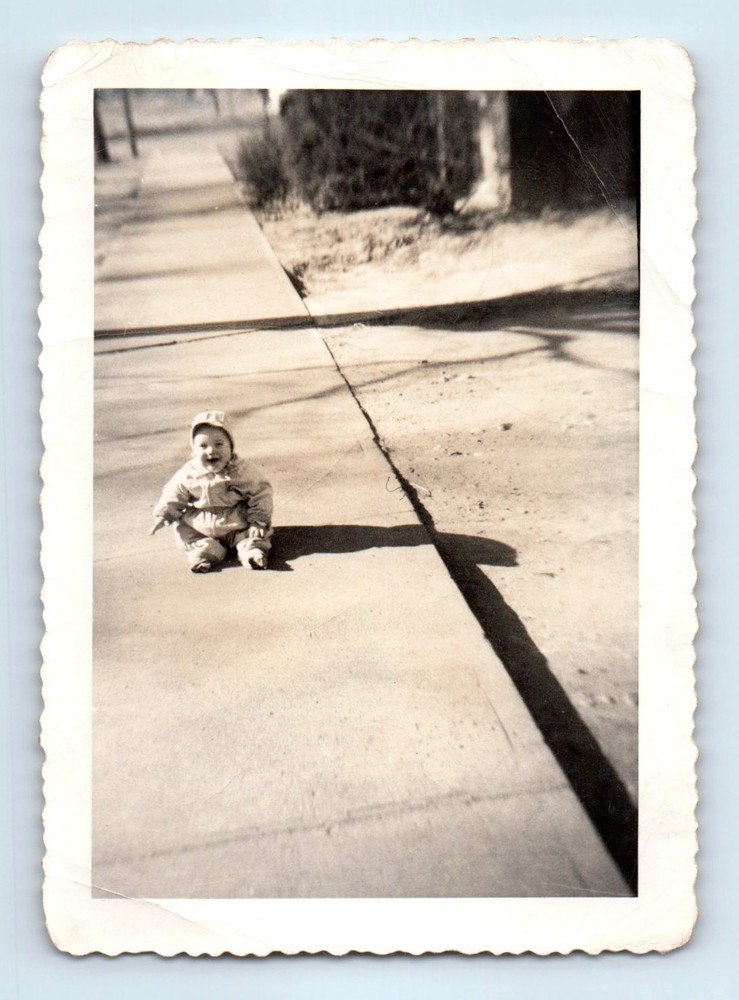 Old Vintage Photo SOLO TODDLER BOY SITTING ON SIDEWALKS SNAPSHOT PICTURE PIC