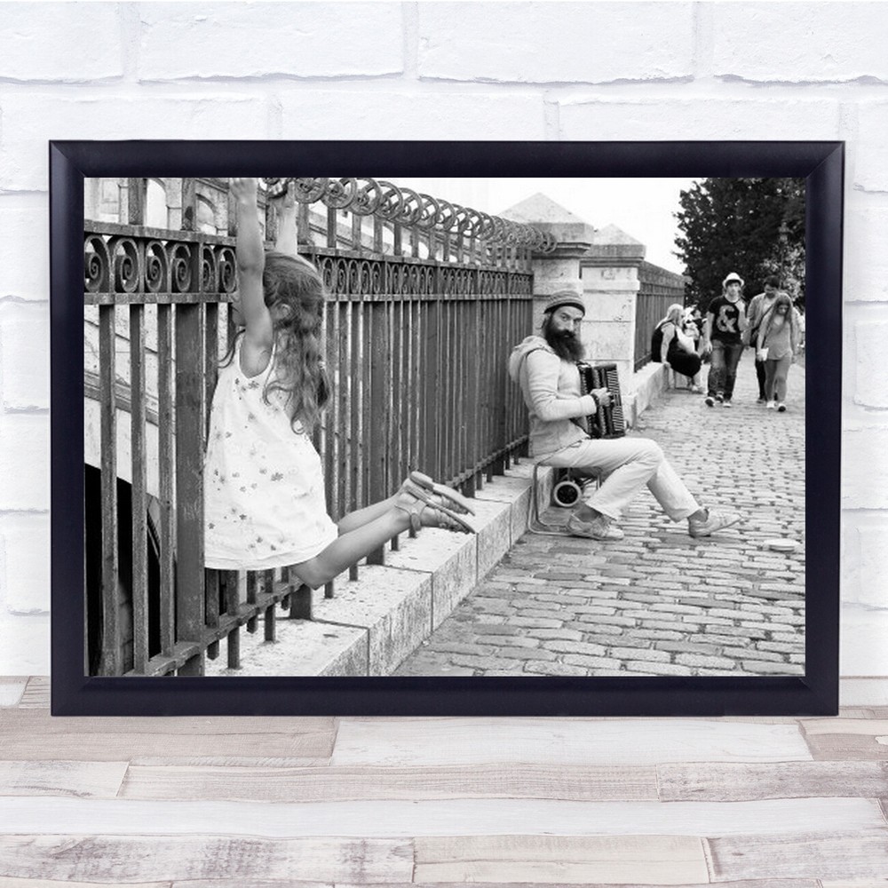 Lah Montmartre Paris France B&W Fence Girl Accordion Street Wall Art Print