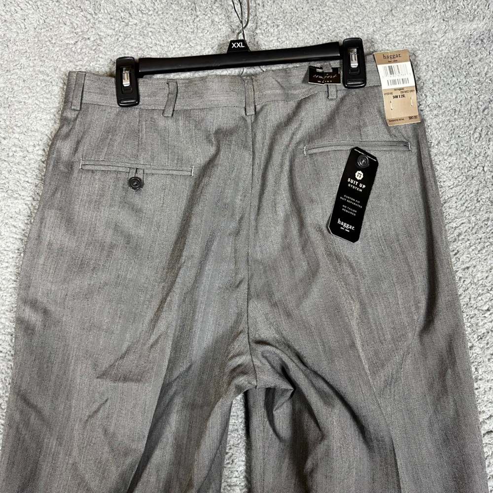 Haggar Dress Pants Mens 34x29 Grey Herringbone Pleated Cuffed Business NEW