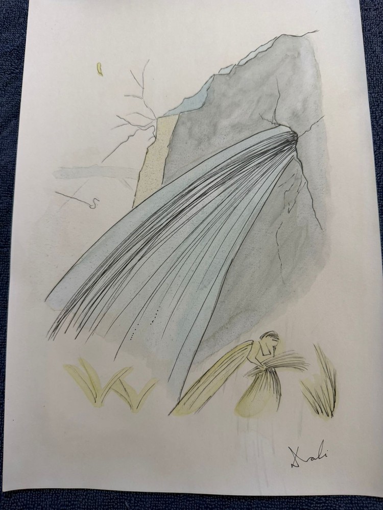 salvador dali drawing and painting on old paper signed stamped vintage