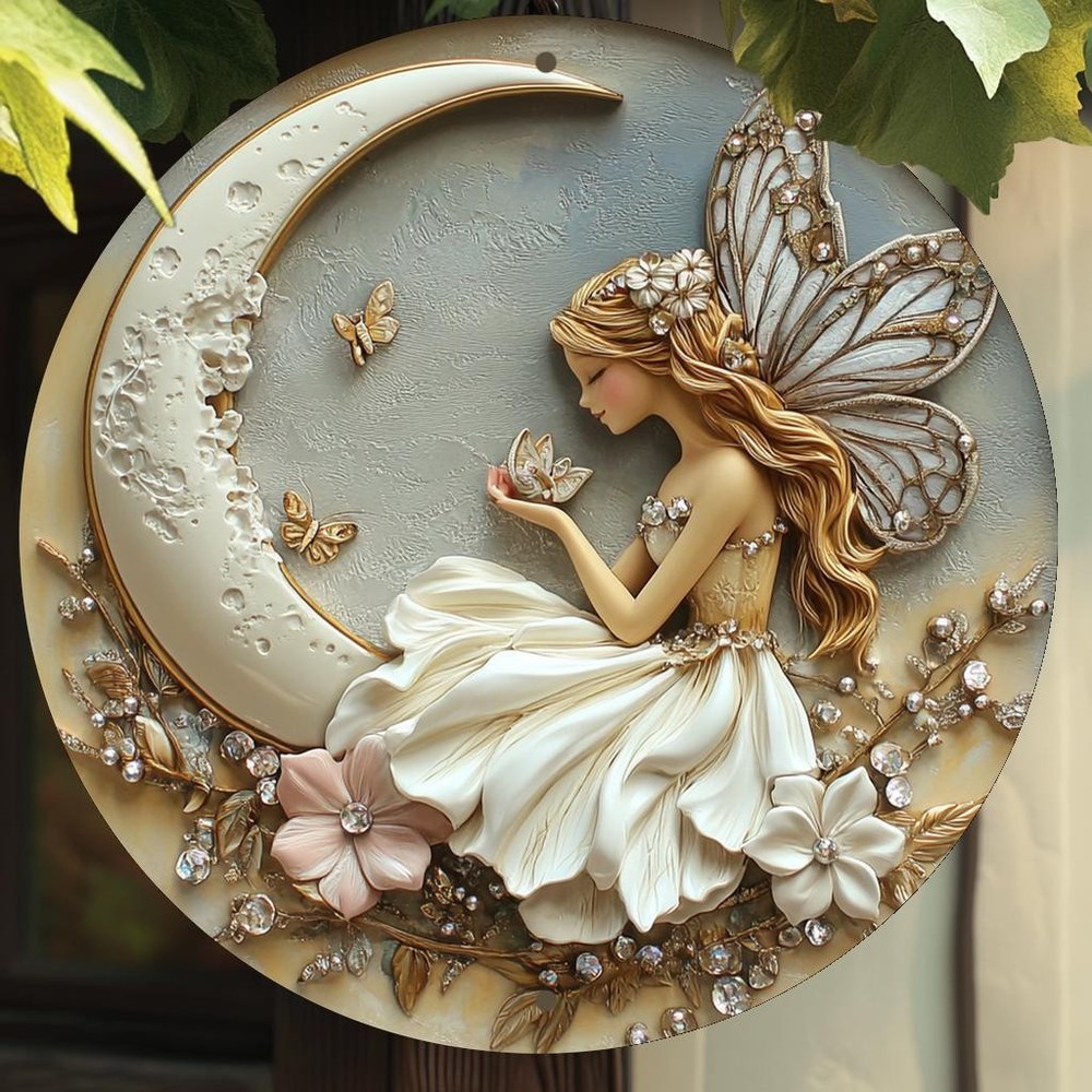 1pc, Round Aluminum Wall Art Sign, Vintage Fairy and Moon Metal Plaque Theme, Id