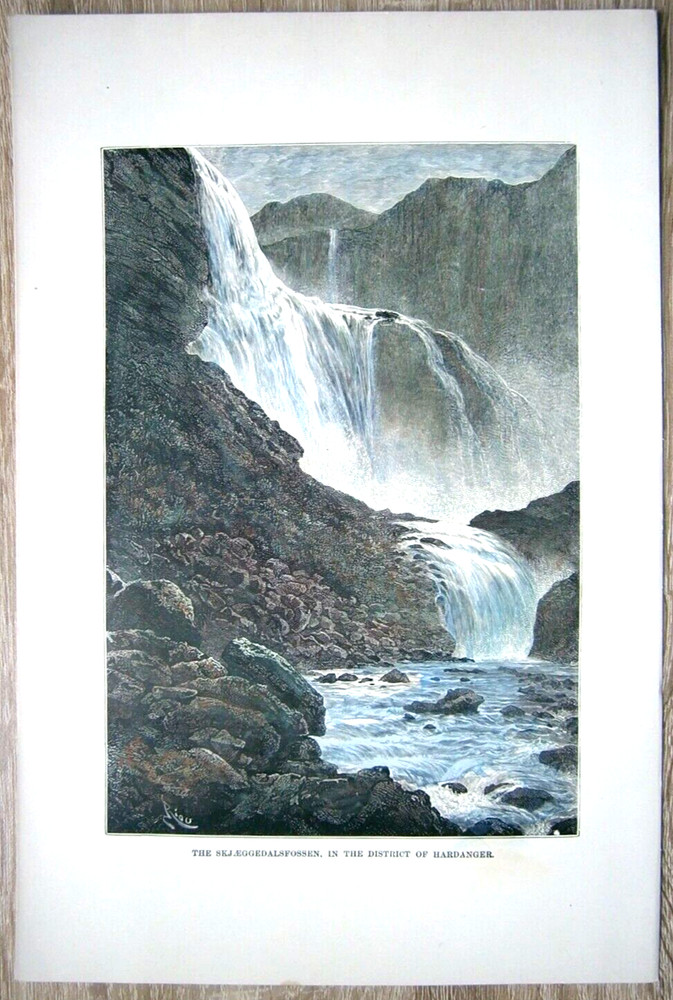 1880 Reclus print SKJAEGGEDALSFOSSEN, HARDANGER, NORWAY, #9