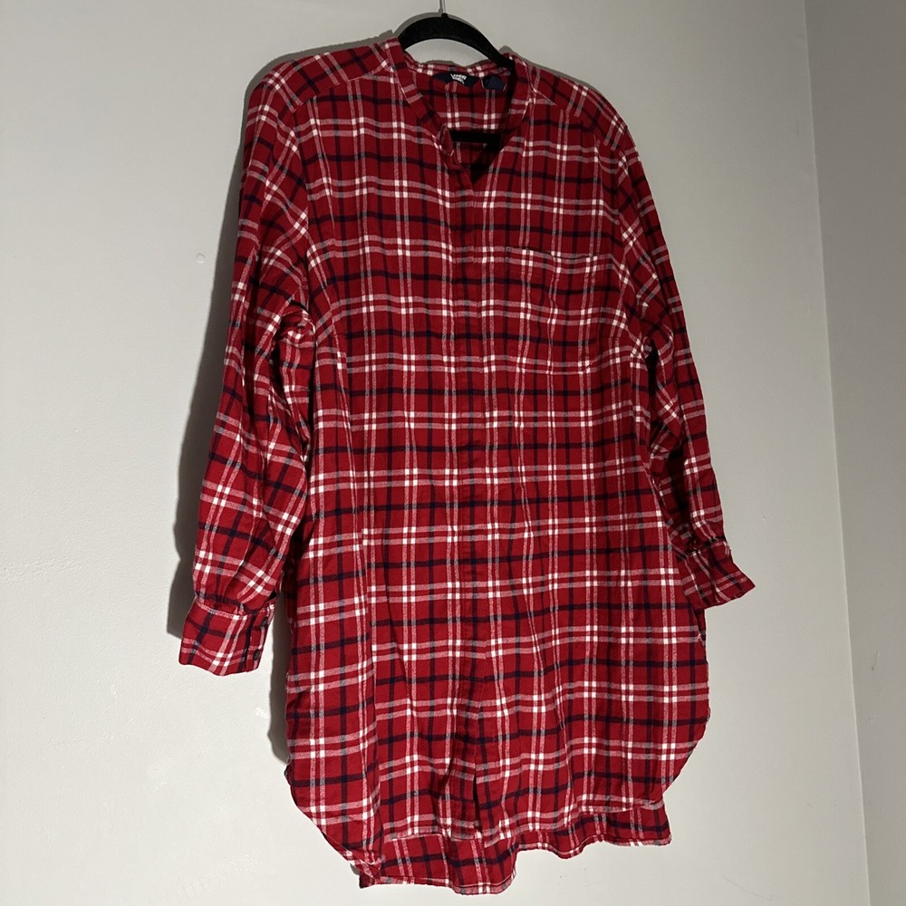 Lands End Womens Red Plaid Flannel Button Up Tunic Top Size 2XL Western Style Cotton
