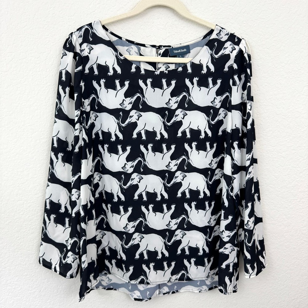 ModCloth Women Blouse Top Size L Elephant Animal Print Lightweight Chiffon Black