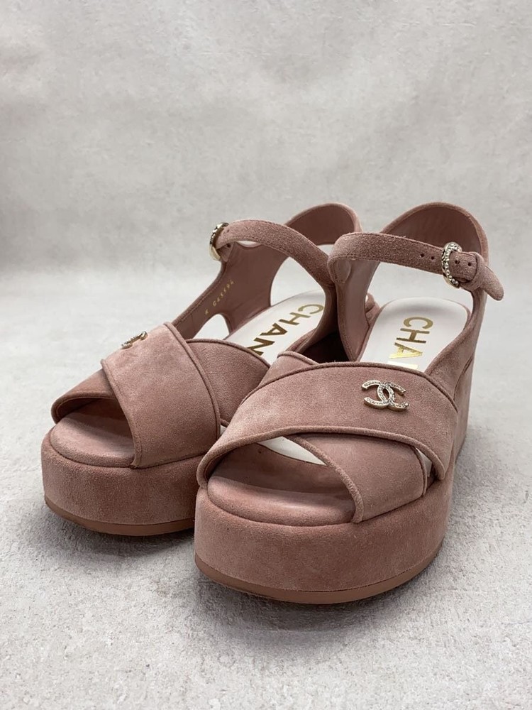 Authentic CHANEL Platform Sandal Ankle Strap CC Logo EU 37.0 Pink Leather Used