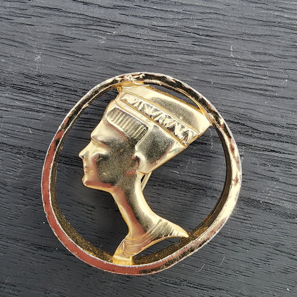 VTG Nefertiti Brooch Pendant Egyptian Revival Gold Tone Pharaoh Boho Statement