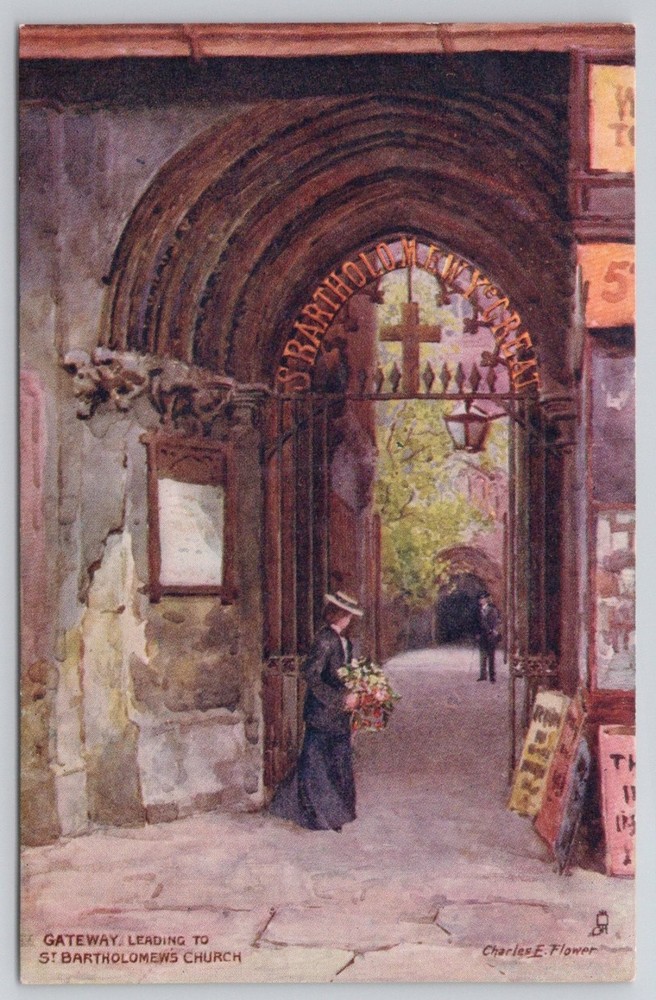 Raphael Tuck AQUARETTE St Bartholomew's Church Gateway London Postcard