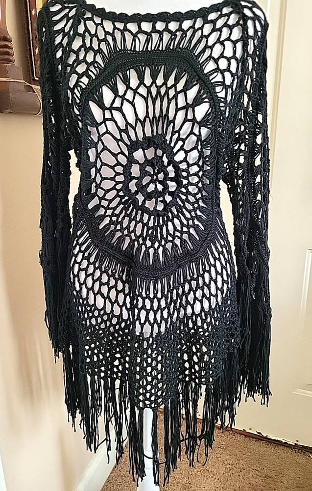 Vintage Black Crochet Tassel Beach Cover Up Top Women's M Witchy Whimsygoth