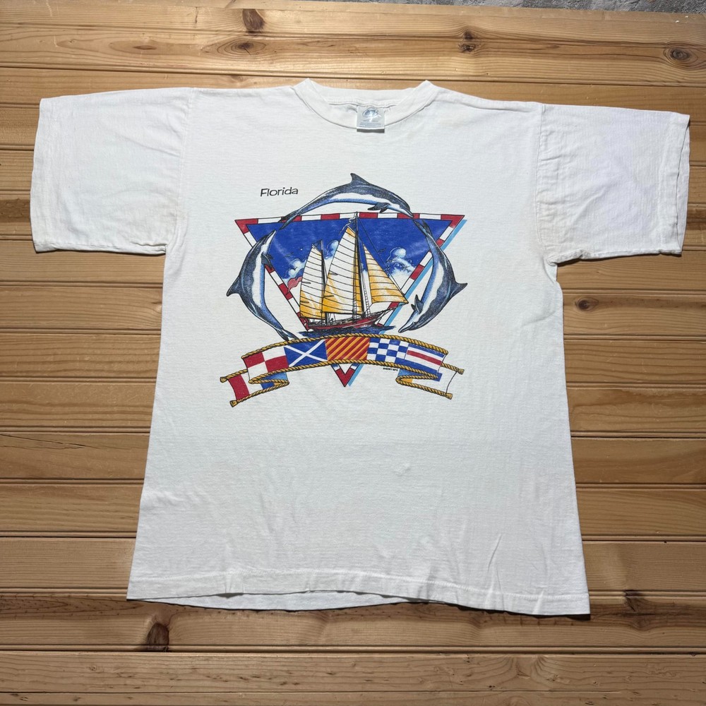 Vintage 90s Florida Dolphins Sailboat Nautical Graphic Souvenir T-Shirt - Large