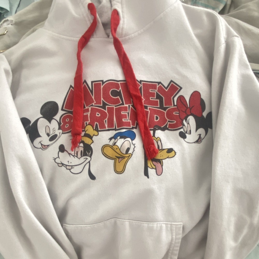Disney Mickey & Friends White Pullover Hoodie with Red Drawstring, Graphic Print