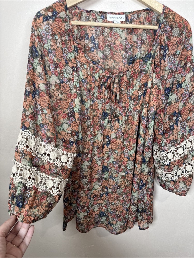 Westport Womens Plus Size Peasant Blouse Top 1X Crochet Floral Boho Hippie