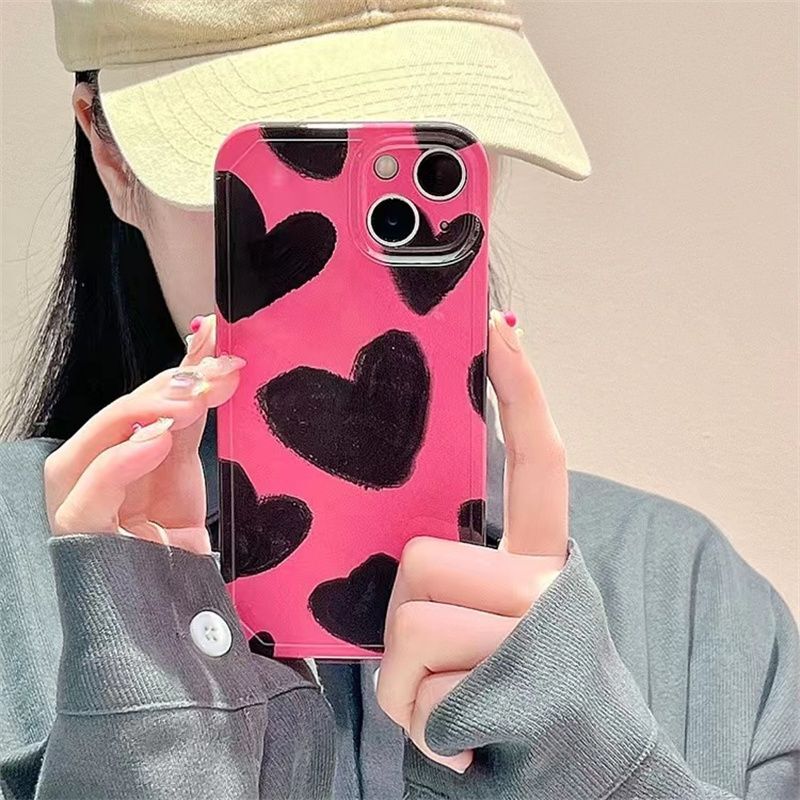 For iPhone 14 13 12 11 Pro Max plus Pink Ink Oil Painting Love soft phone case
