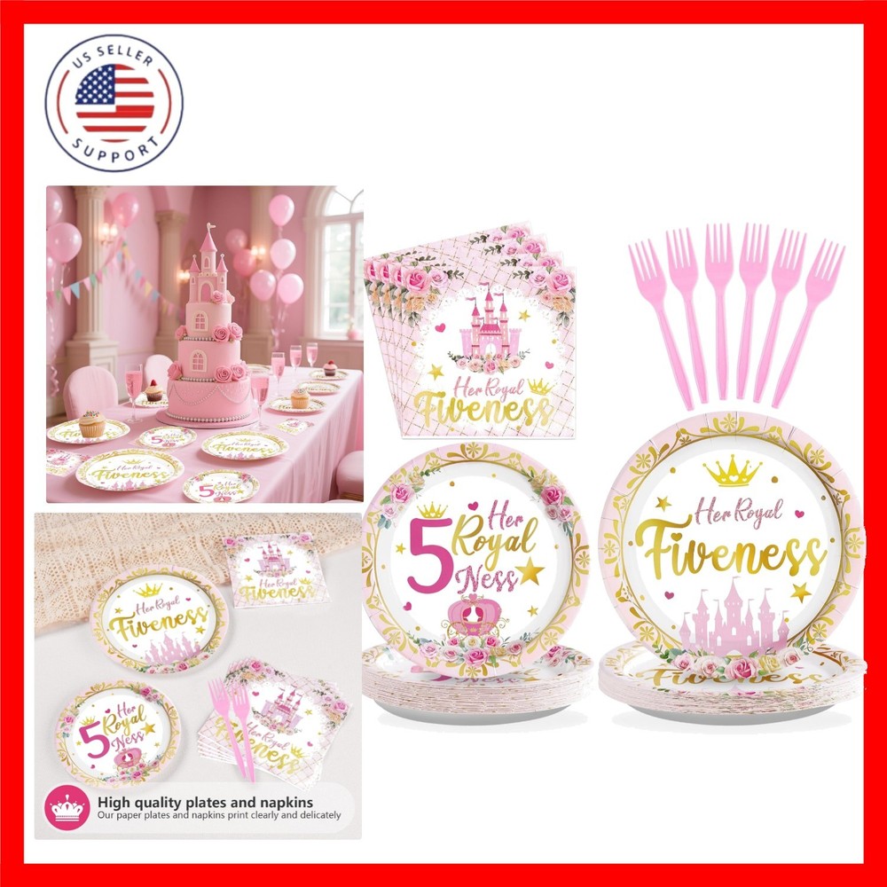 96Pcs Princess Birthday Decorations Pink Princess 5th Birthday Party Plates a...
