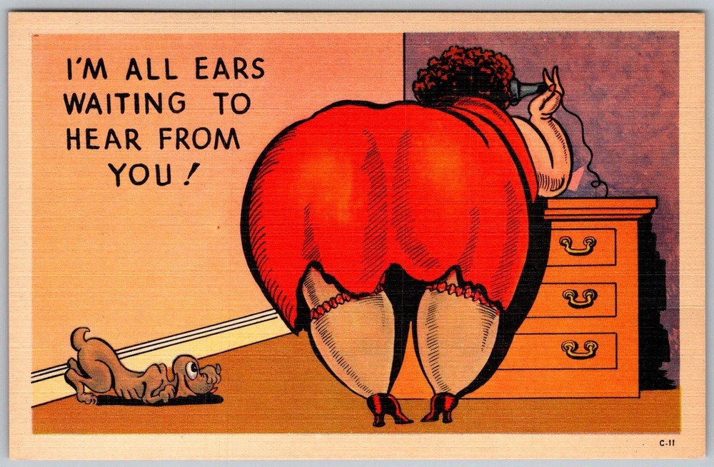 Vtg Linen Postcard Risque Pin-up Cartoon 1940s