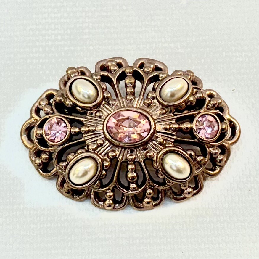 1928 Brand Brooch Pin Oval Faux Pearl Vintage Pink Rhinestone Gold Tone Jewelry