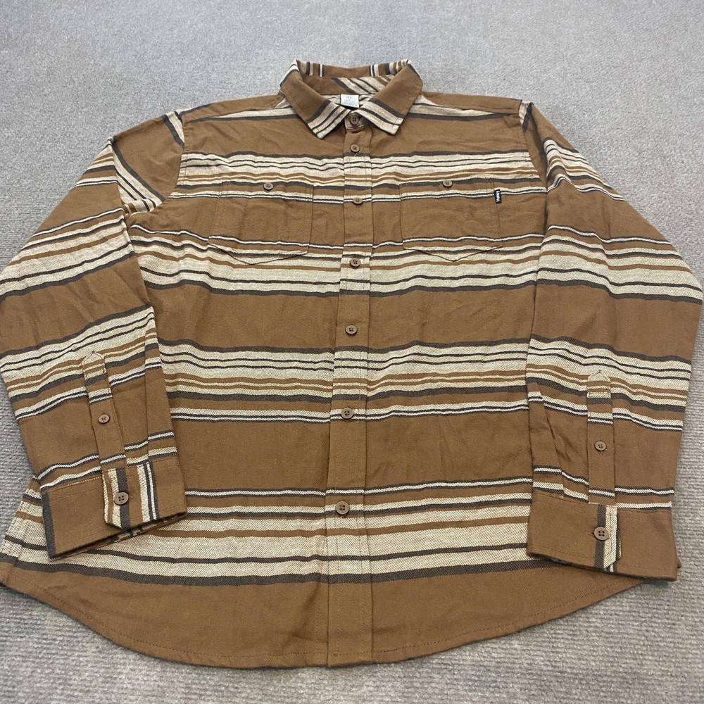 Hurley Shirt Mens Medium Brown Tan Striped Button Up Long Sleeve Casual Pocket