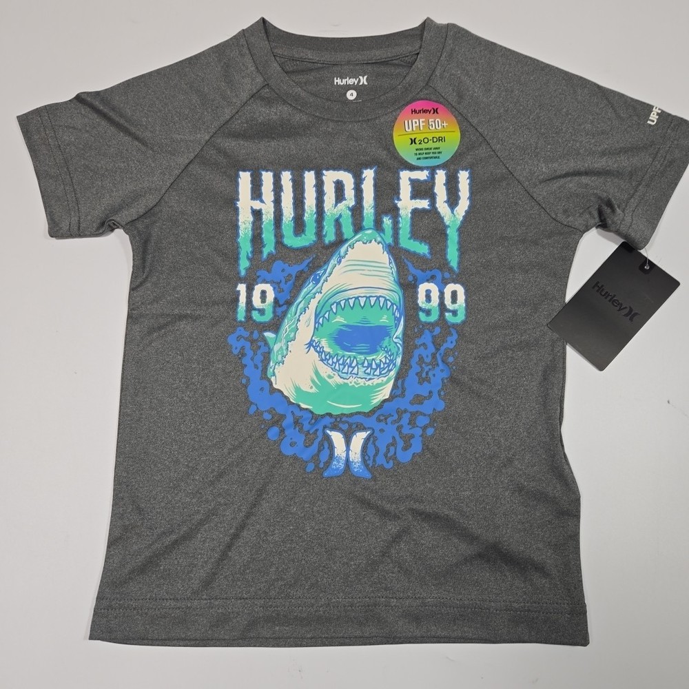 Hurley Boys Shark Graphic Sun Shirt Size 4 NWT H2O-DRI UPF 50+ Black Heather Tee