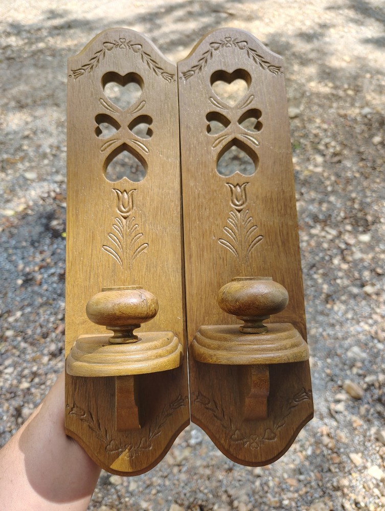 Vtg 1986 Burwood Prod #2766 Wall Sconce Taper Candle Holders Hearts Wood Look