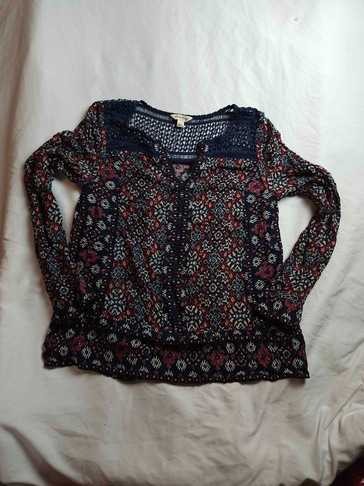 Lucky Brand Peasant Blouse Womens Small Blue Medallion Boho Crochet Long Sleeve