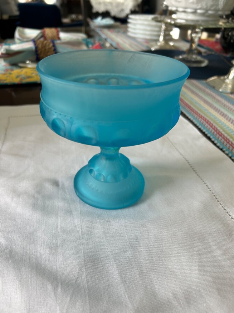 Vintage Indiana Glass Kings Crown Thumbprint Blue Satin Compote Candy Dish