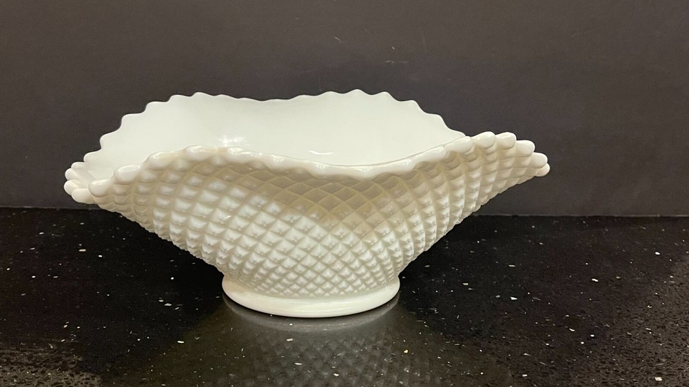 Vintage Westmoreland Hobnail Milk Glass Oval Bowl with Diamond Point Pattern