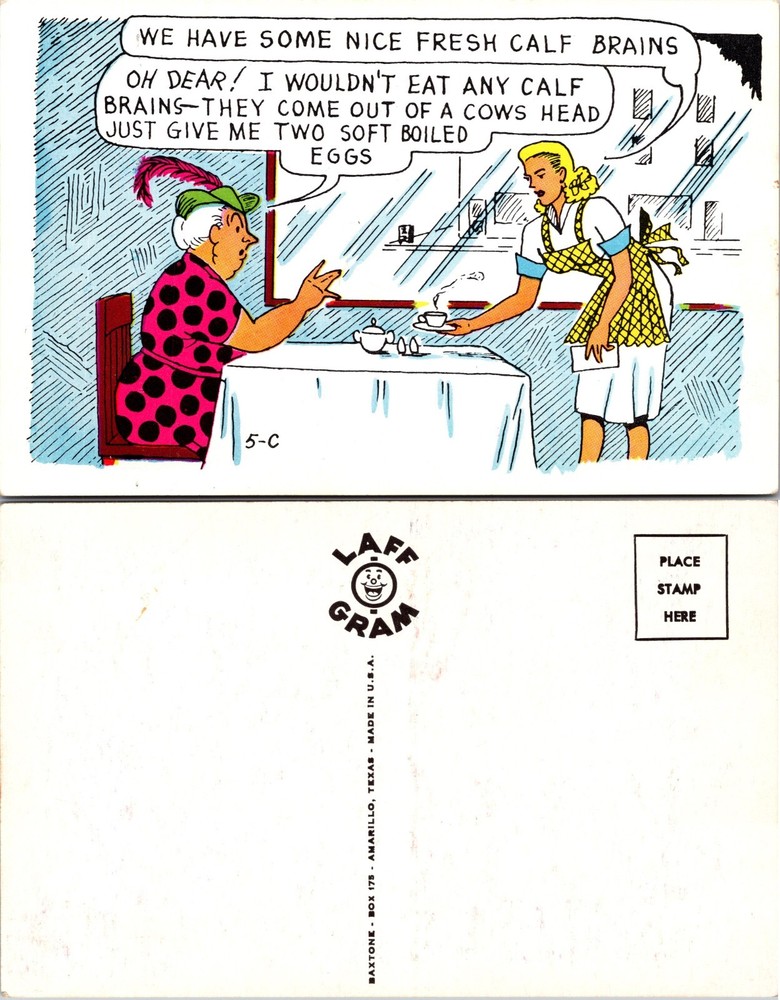 Laff Gram Comic Woman Ordering Eggs in Diner Postcard