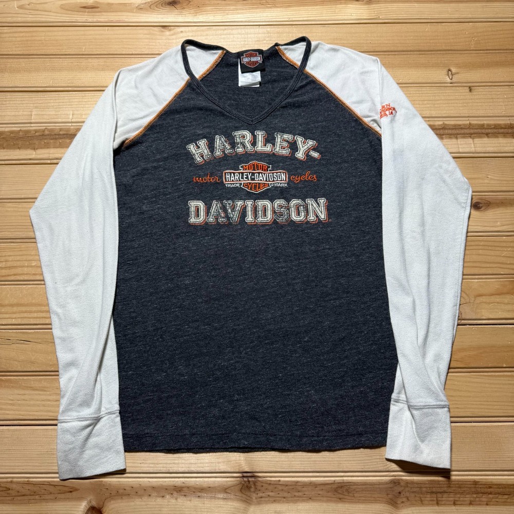 Y2K Harley Davidson Big Barn Des Moines Iowa V-Neck Long Sleeve Shirt Size Large