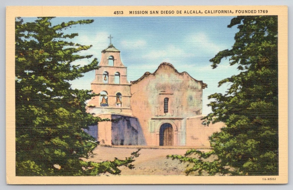 Mission San Diego de Alcala California Linen Postcard C.T. Art-Colortone