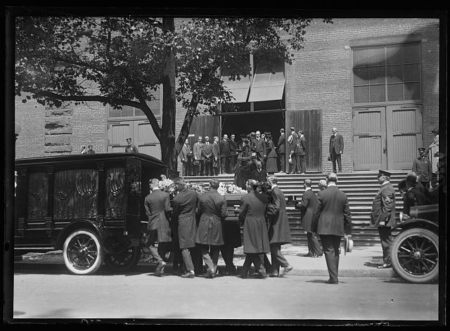 Photo:1920s Funeral Procession Coffin Pallbearers Hearse Car Church Steps