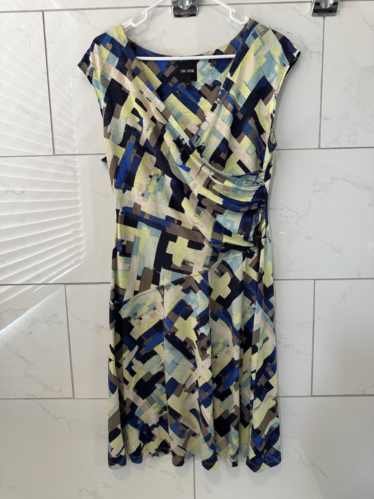 NIC+ZOE Women’s Dress Medium Sleeveless Geometric Print Blue Green Ruched Wrap