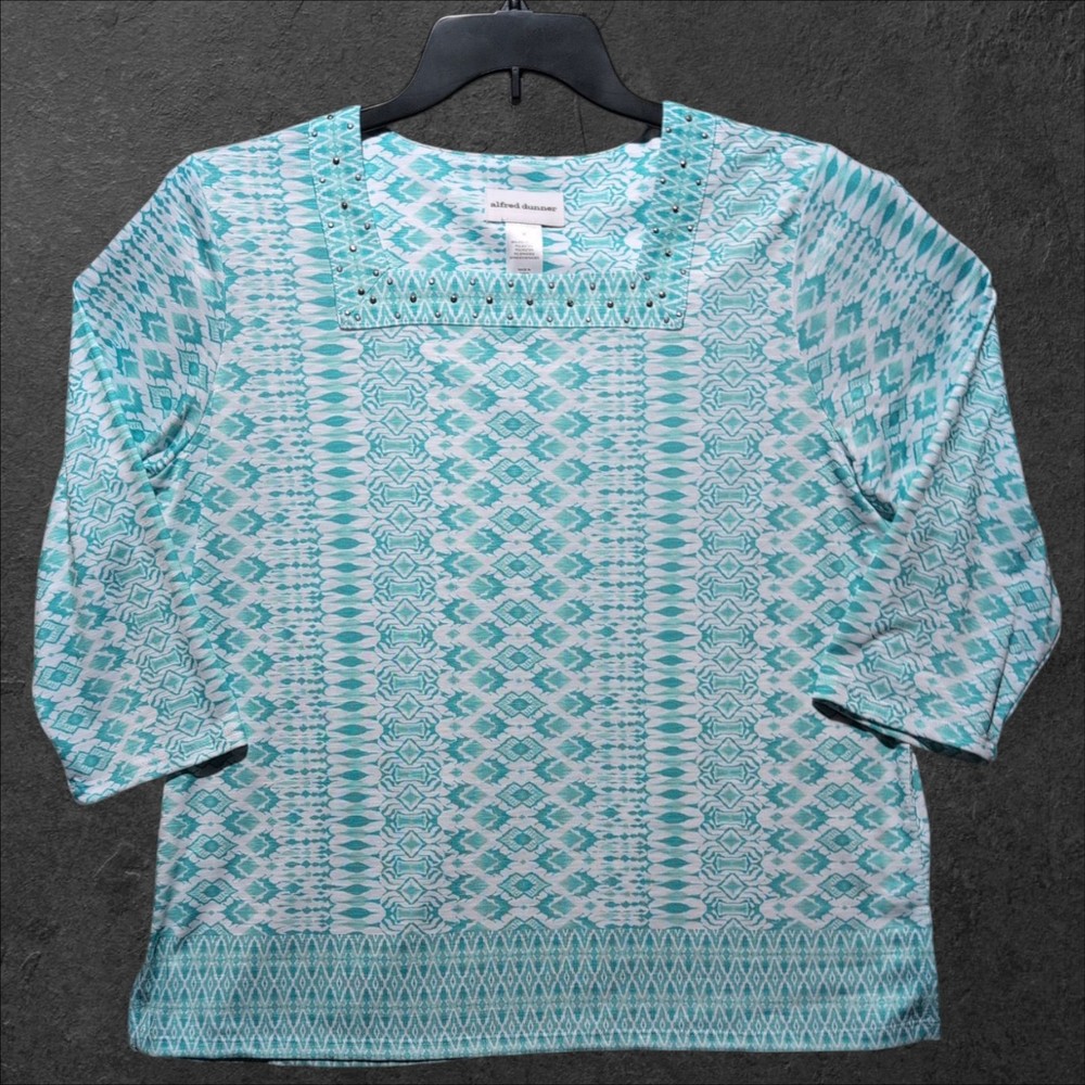 Alfred Dunner Short Sleeve Blouse Women's M Seafoam Square Neck