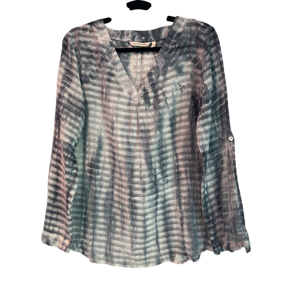 Soft Surroundings Gray Tie Dye Striped V-Neck Roll Tab Sleeve Blouse Women's M